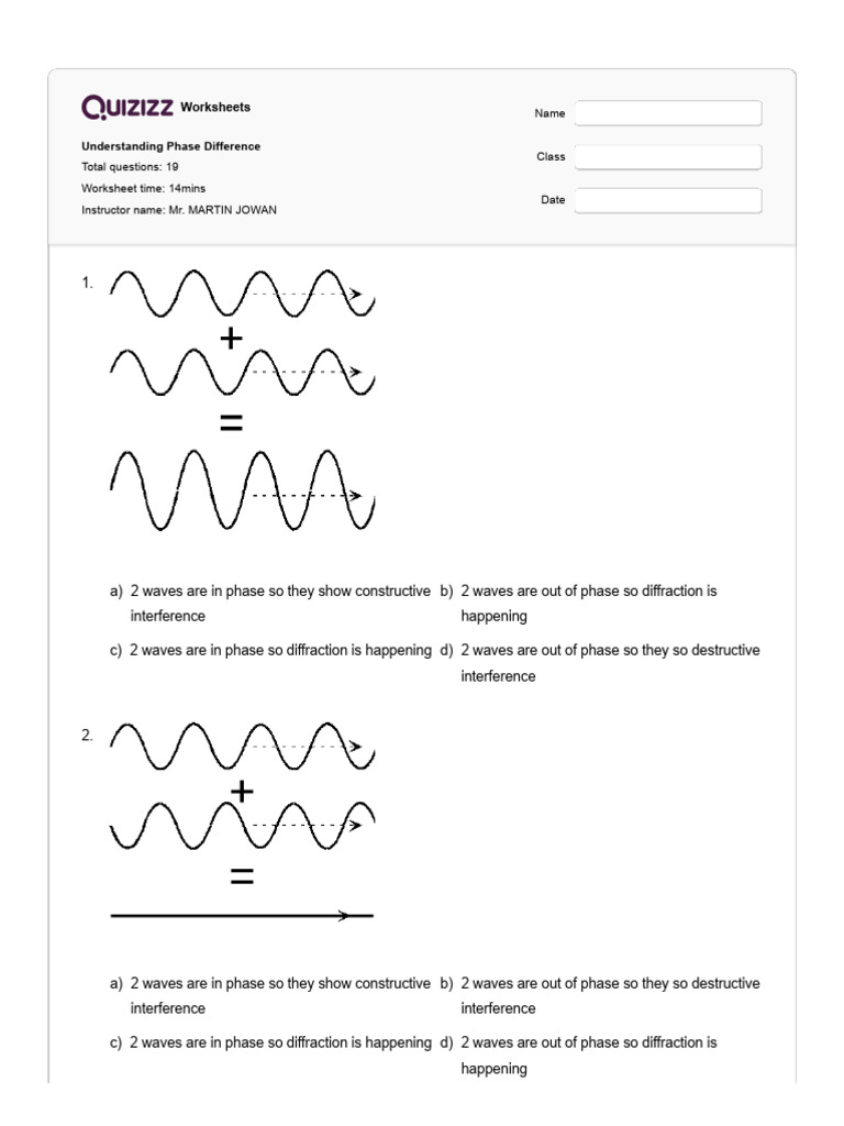 Phase Difference Worksheets for Waves | PDF