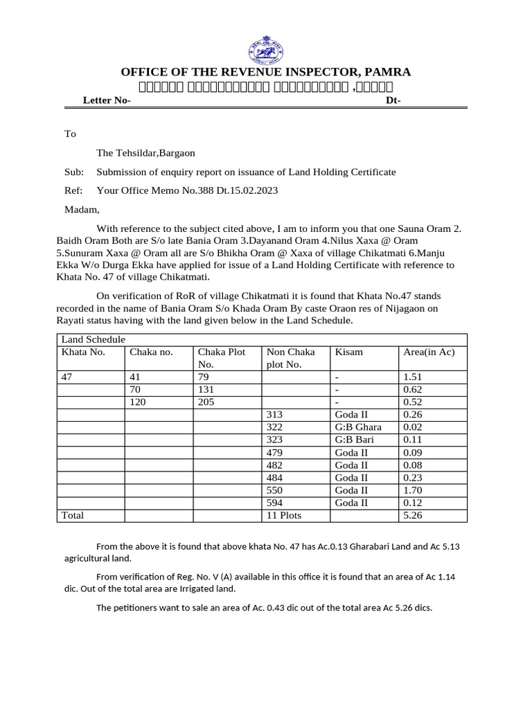 Land Holding Format Pamra | PDF