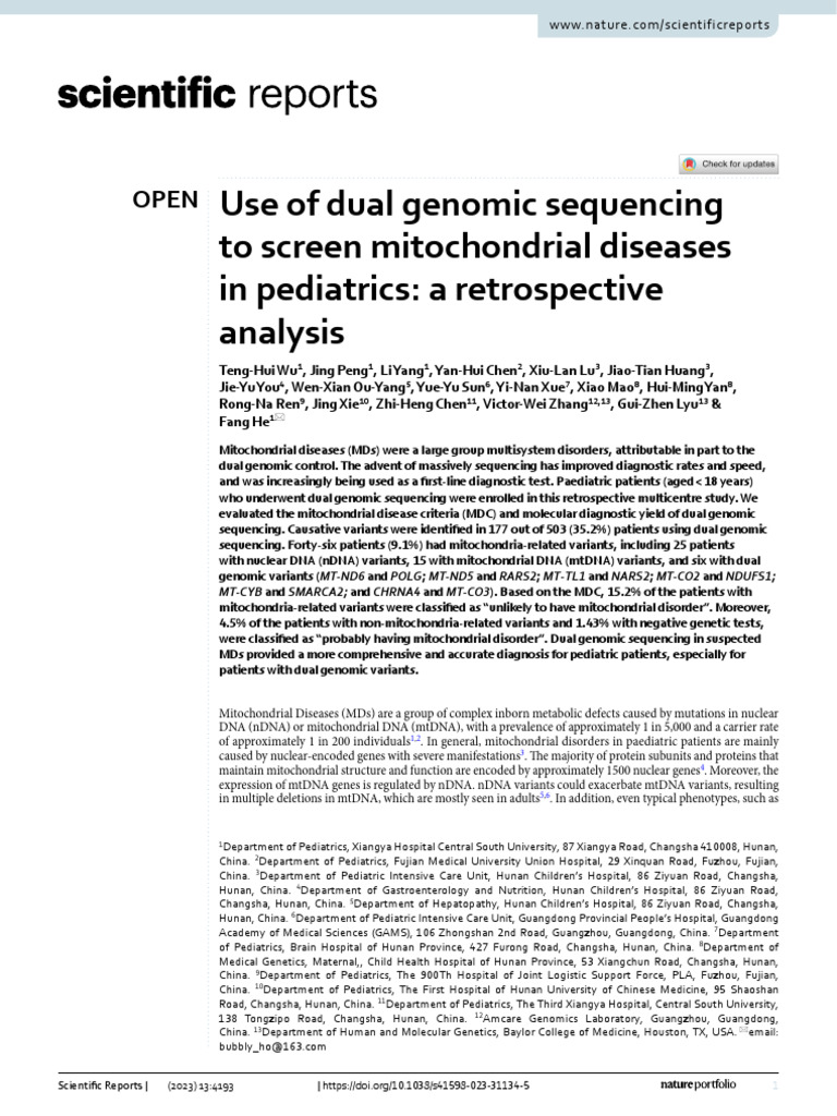 Dual Genomic Sequencing for Mitochondrial Diseases in Pediatrics | PDF ...