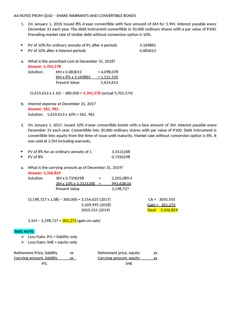 A4 Notes From Quiz - Solman Share Warrants & Convertibles | PDF | Bonds ...
