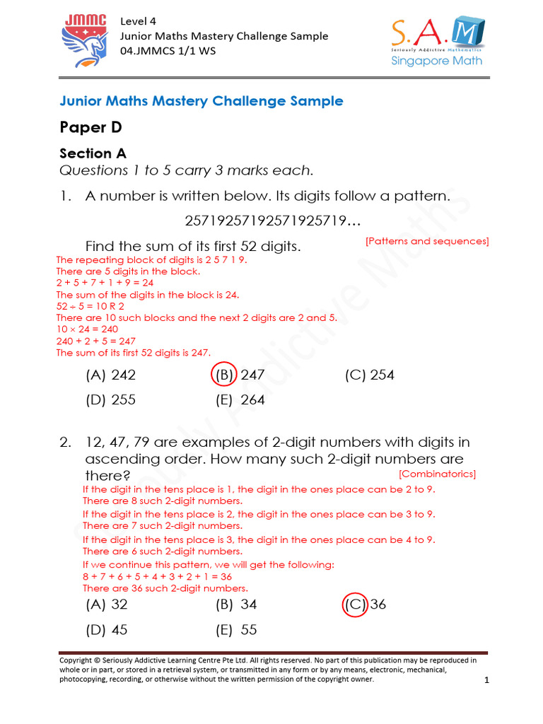 Junior Maths Mastery Challenge Sample | PDF | Mathematics