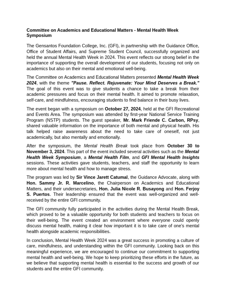 Mental Health Week 2024 at GFI | PDF | Mental Health | Leadership