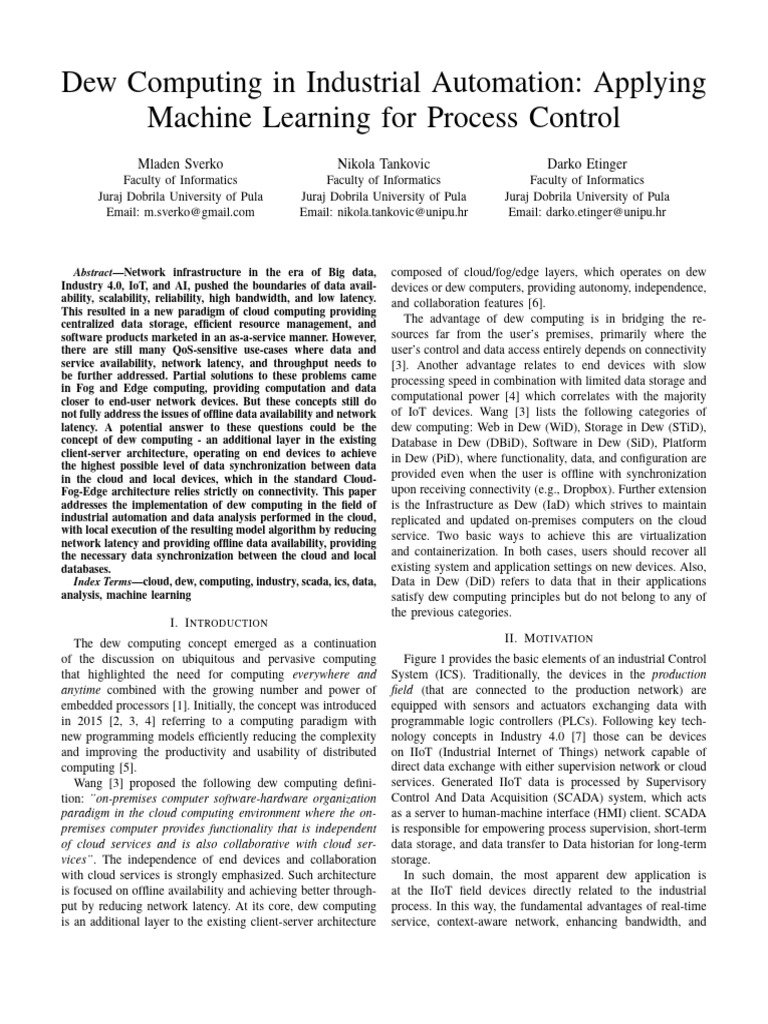 Dew Computing in Industrial Automation Applying Machine Learning For ...