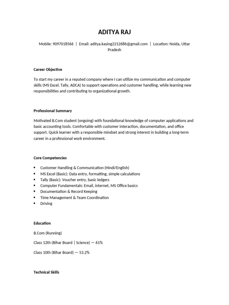 Entry-Level B.Com Resume for Aditya Raj | PDF