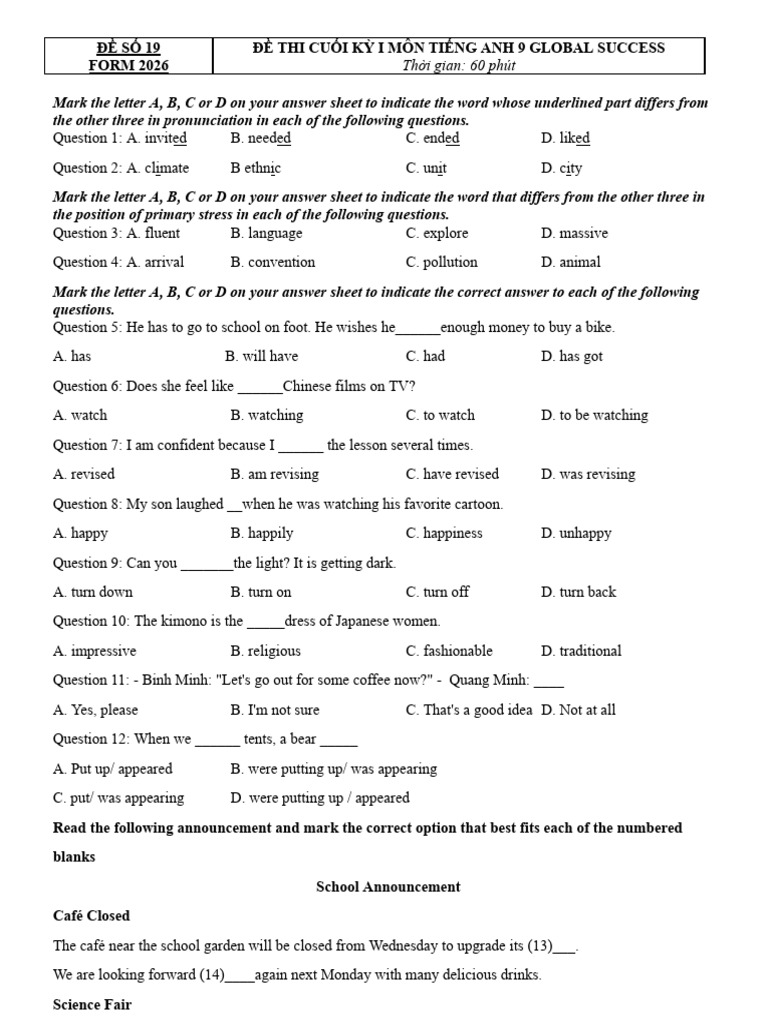 English Exam Paper for Grade 9 | PDF