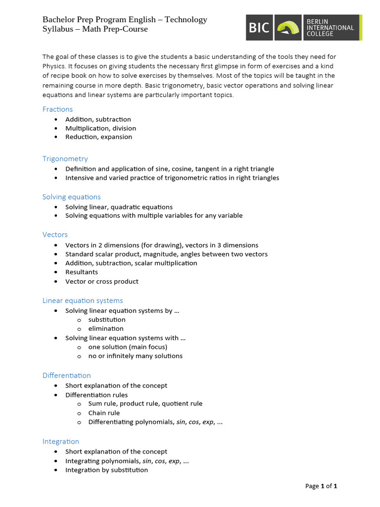 Math Prep-Course - Syllabus 2025.E.T | PDF
