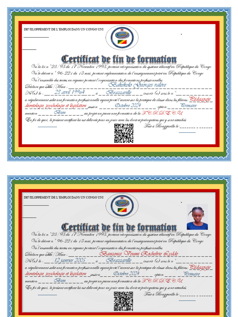 Certificats de formation professionnelle Congo | PDF | Pédagogie ...