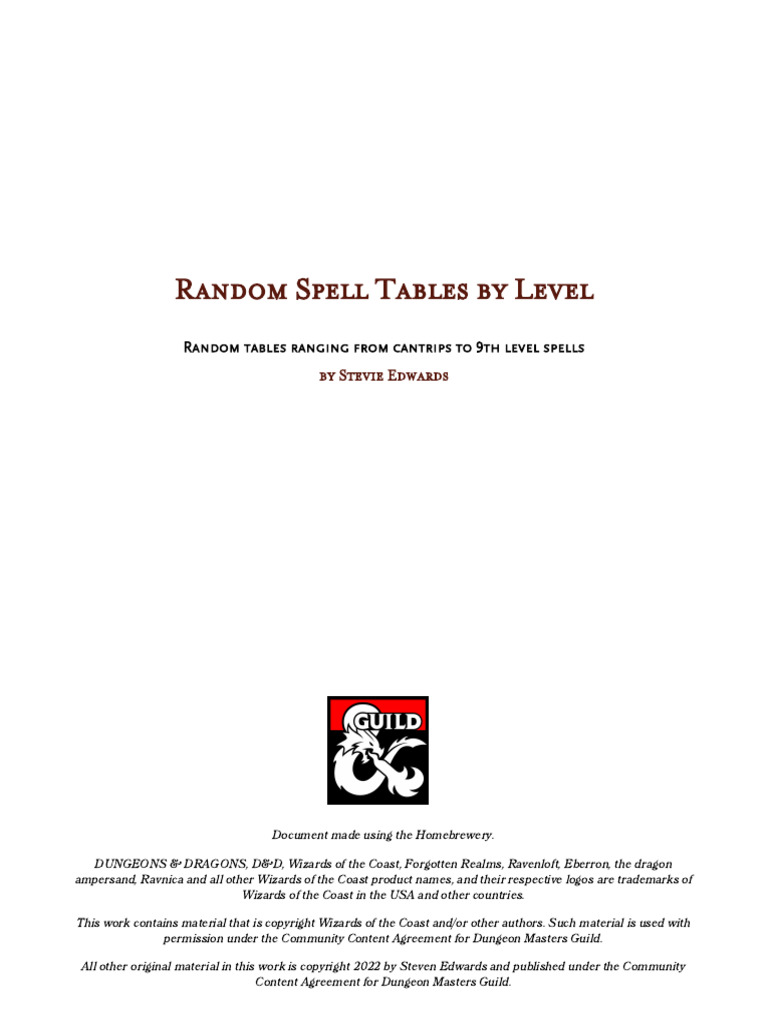2136973-PF Random Spell Tables by Level | PDF | Wizards Of The Coast ...