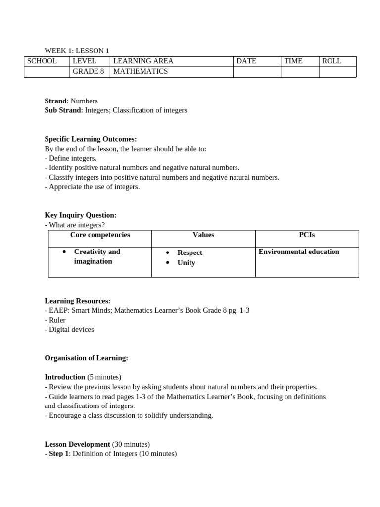Grade 8 Mathematics: Understanding Integers | PDF | Learning | Numbers