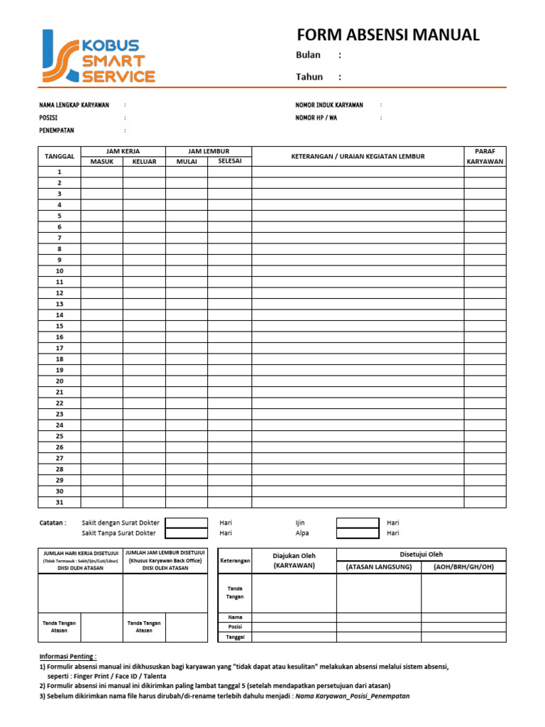 Formulir Absensi Manual Karyawan | PDF