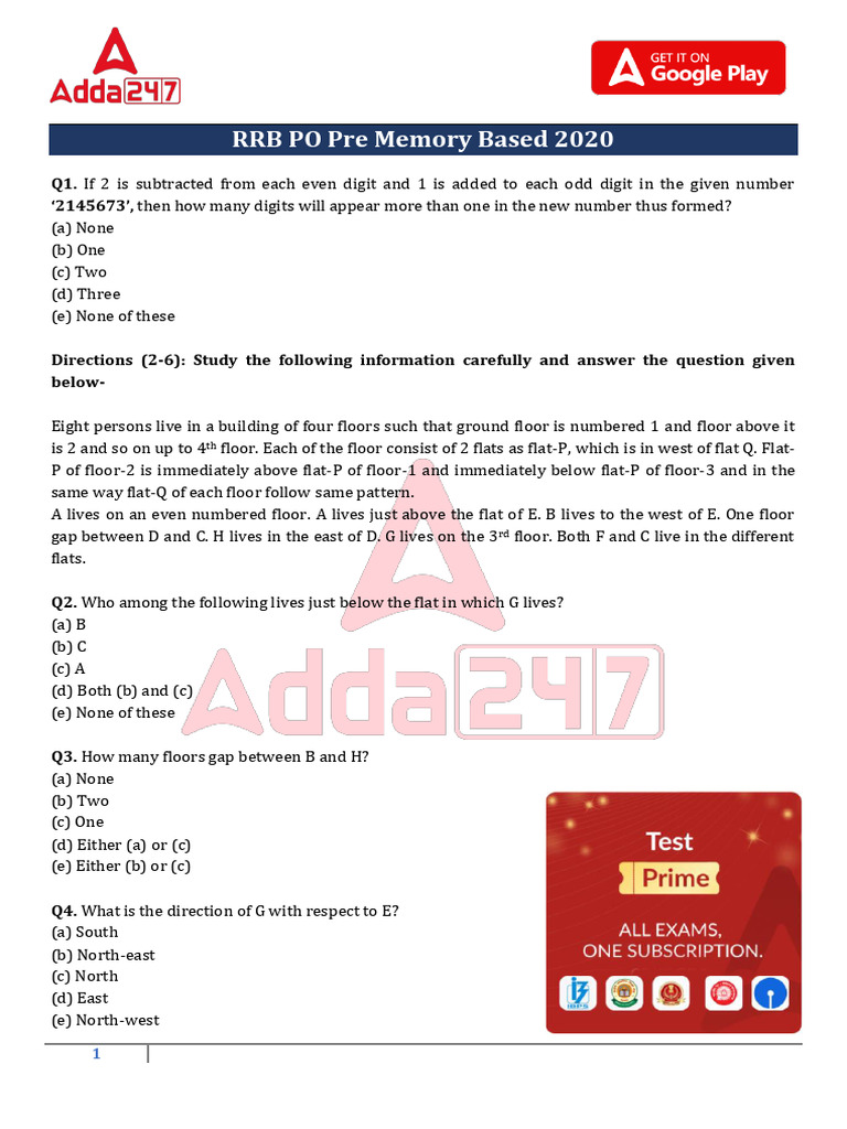 RRB PO Pre Memory Based 2020 Questions | PDF