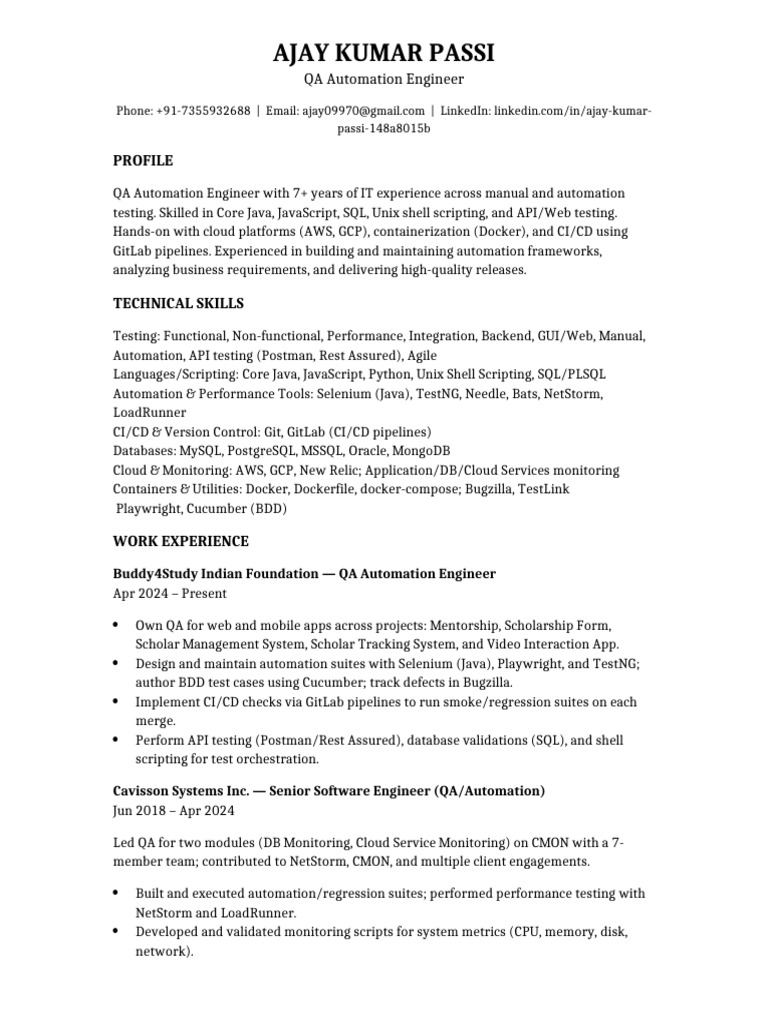 Experienced QA Automation Engineer Resume | PDF | Software Testing ...
