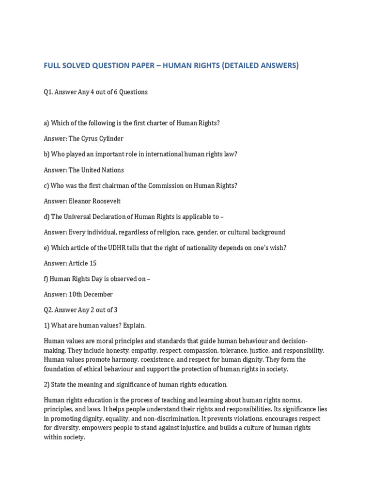 Human Rights Exam Paper with Answers | PDF | Human Rights | Children's ...