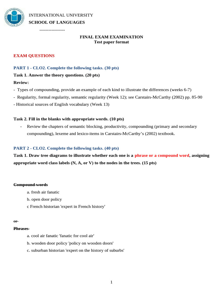 Final Exam: Language Morphology Tasks | PDF | Word | Morphology ...