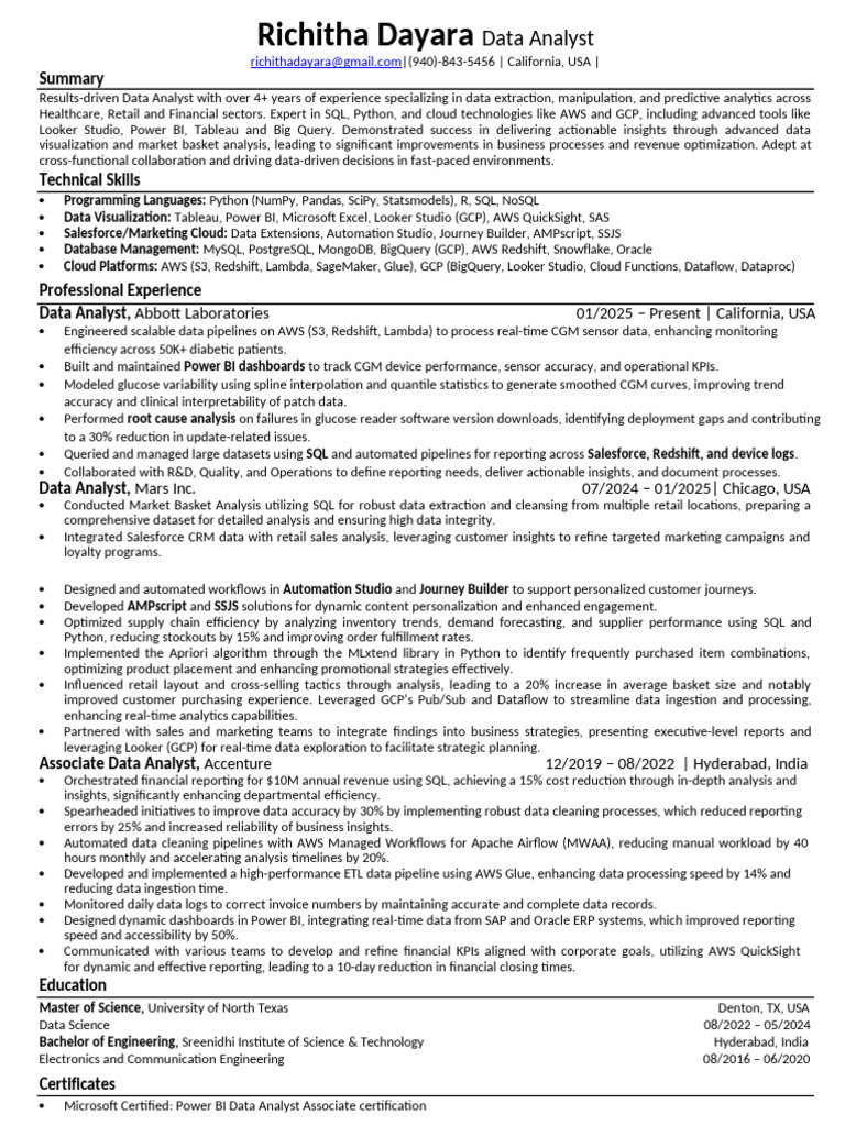 Data Analyst Resume: Skills & Experience | PDF | Data Analysis | Amazon ...