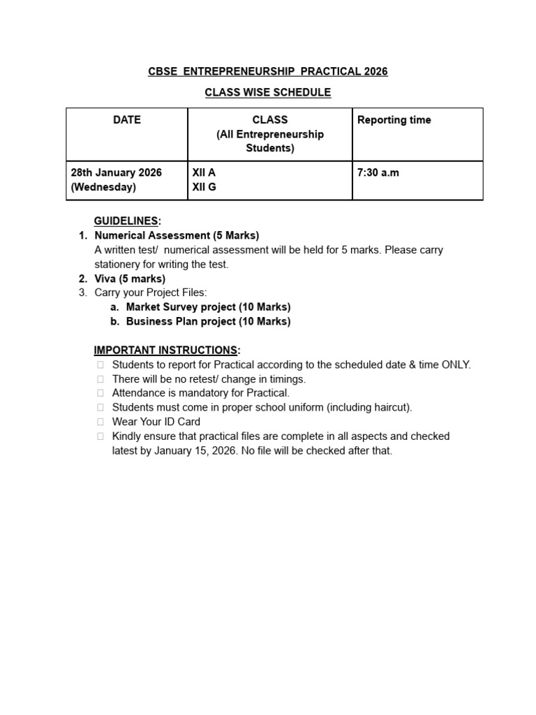 CBSE Entrepreneurship Practical Schedule 2026 | PDF