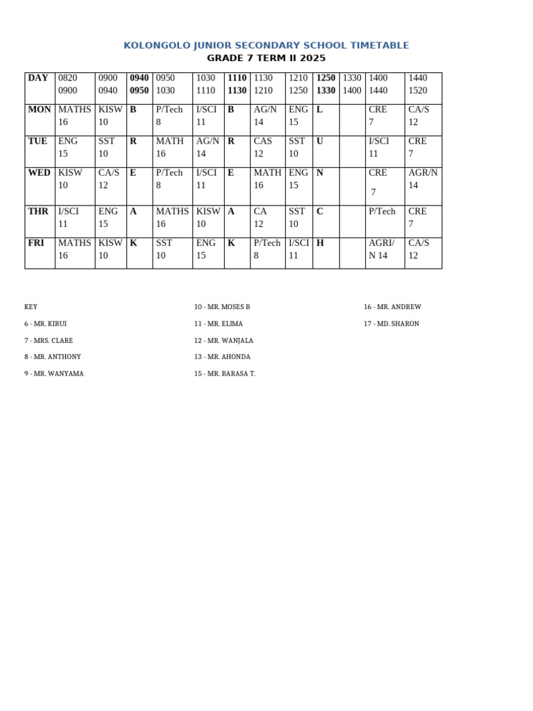 KJS Grade 7 Term II Timetable 2025 | PDF