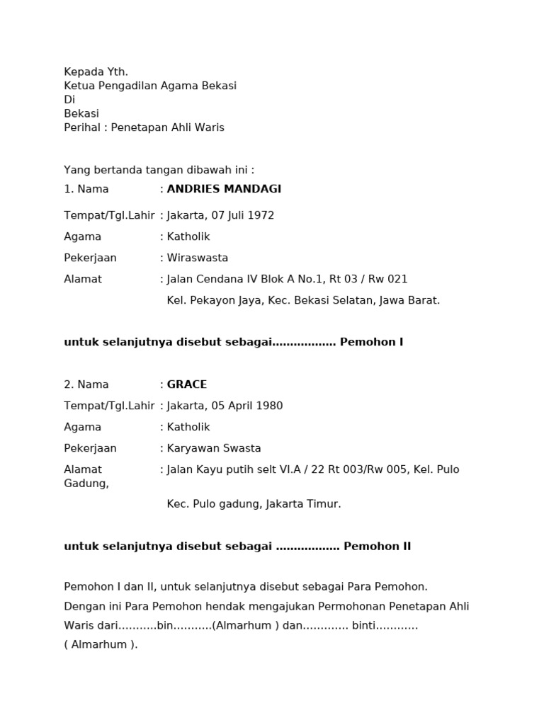 Permohonan Penetapan Ahli Waris Bekasi PDF