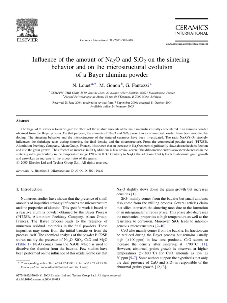 Sintering Effects of Na2O and SiO2 in Alumina | PDF | Sintering ...