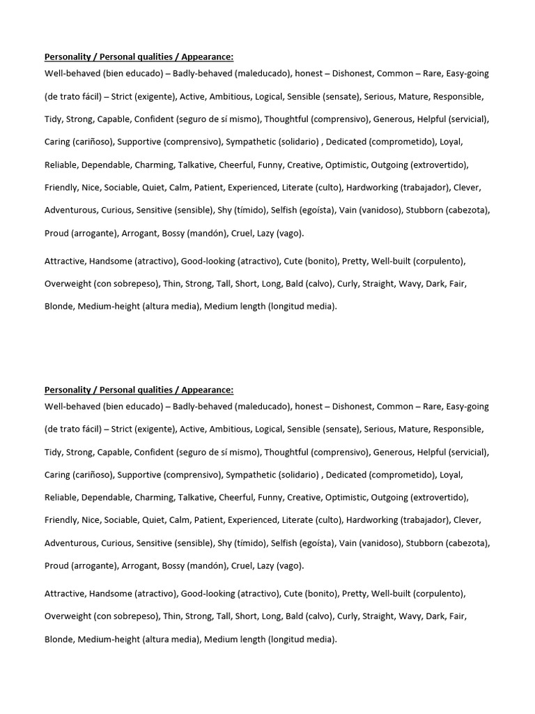 Personality Traits and Appearance Guide | PDF