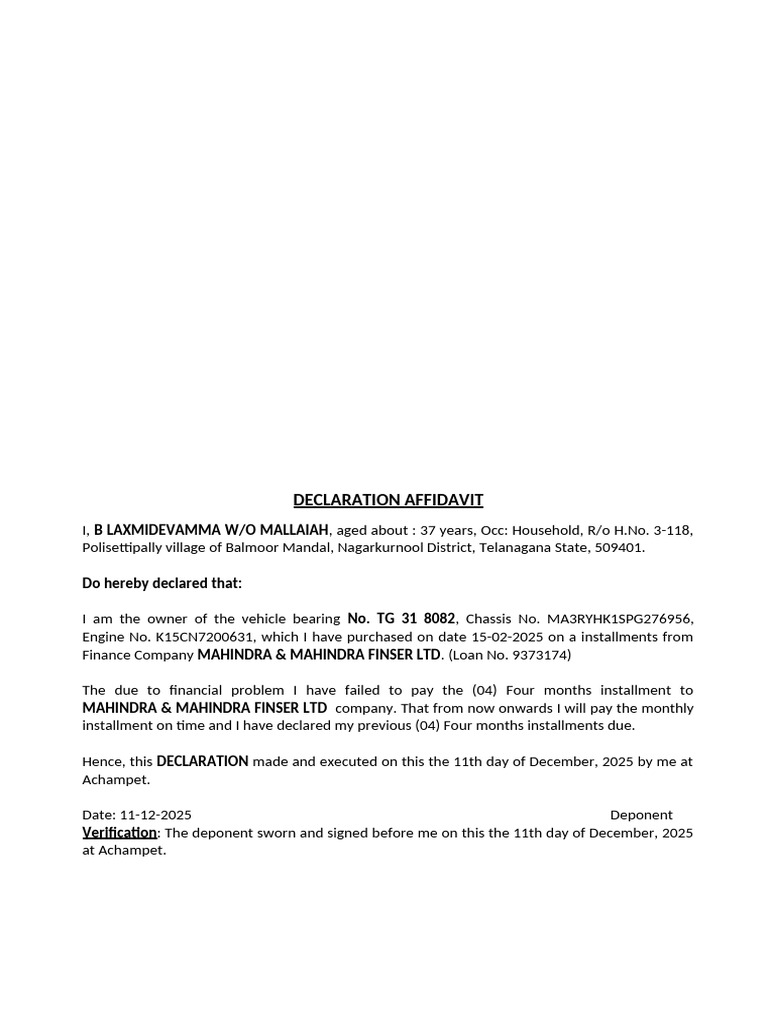 Vehicle Ownership Declaration Affidavit | PDF
