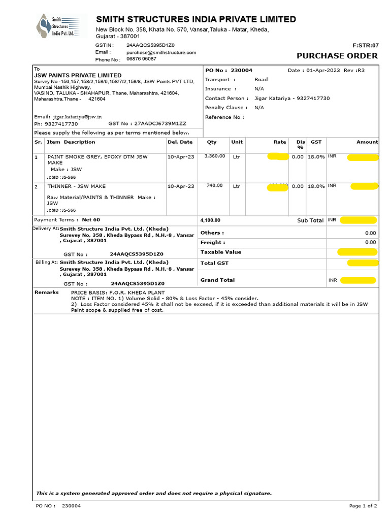 Purchase Order for JSW Paints Supply | PDF | Invoice | Arbitration