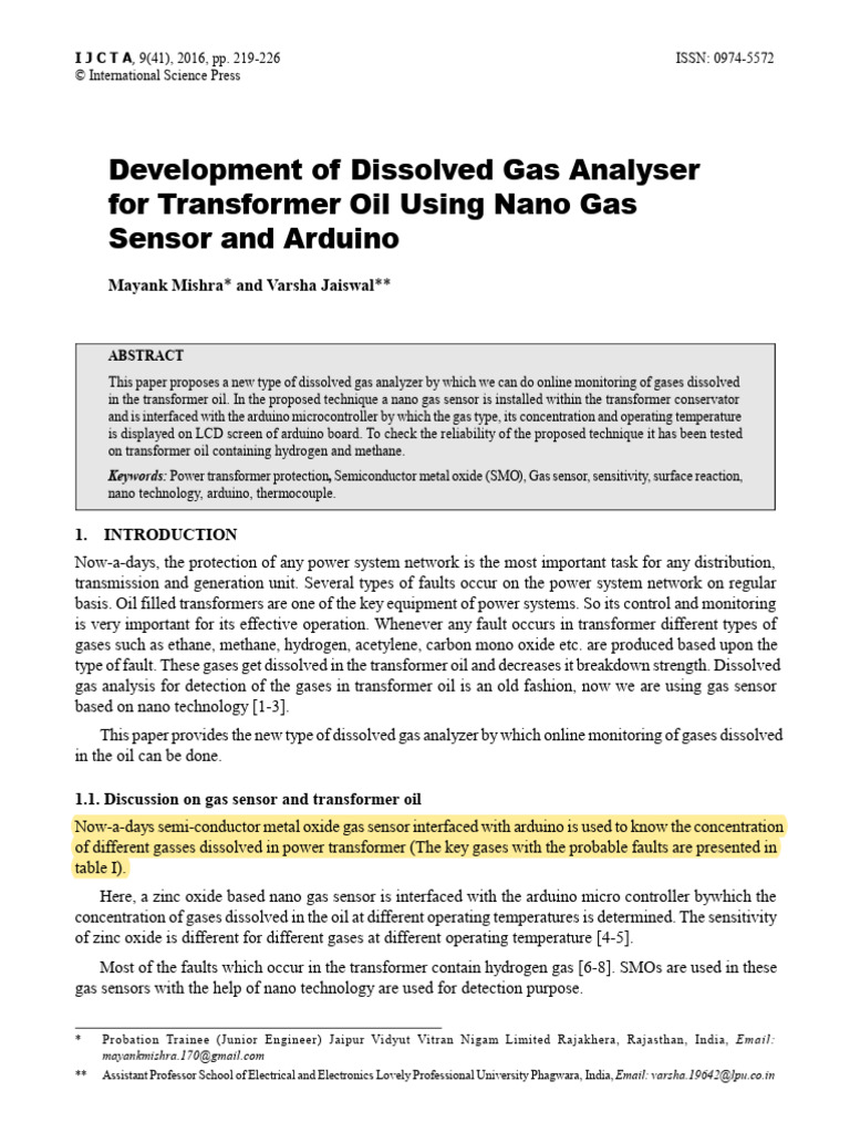 Nano Gas Sensor for Transformer Oil Analysis | PDF | Zinc Oxide | Gases