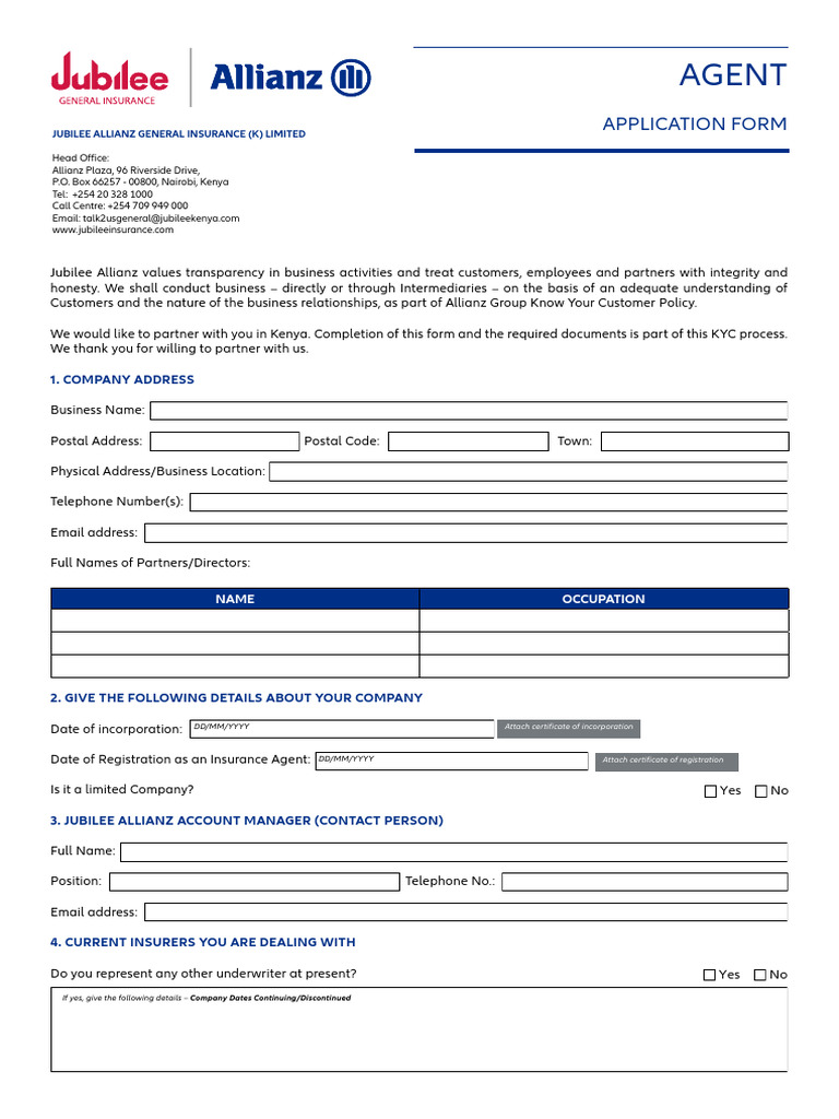 Agents Application Form Interactive JUBILEE | PDF | Insurance ...