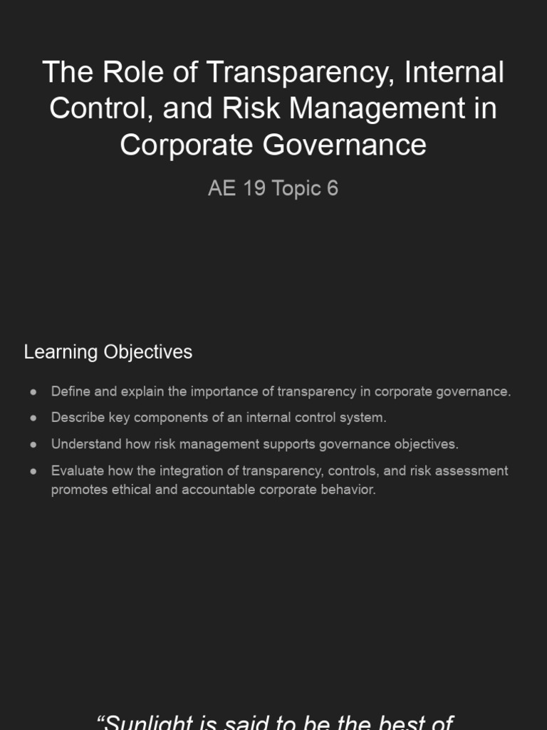 The Role of Transparency, Internal Control, and Risk Management in ...