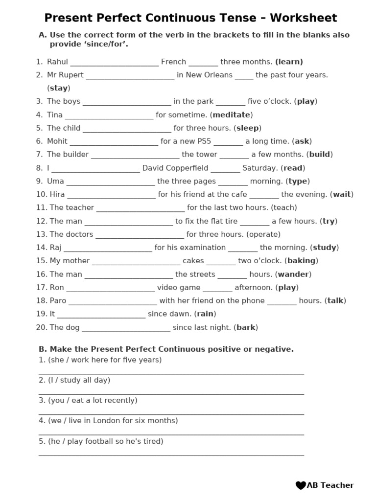 Present Perfect Continuous Tense Worksheet | PDF | Chess Openings | Chess