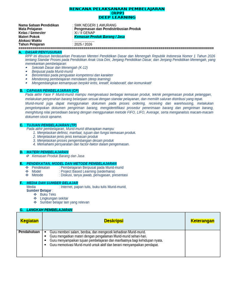 RPP Deep Learning: Kemasan Produk SMK | PDF