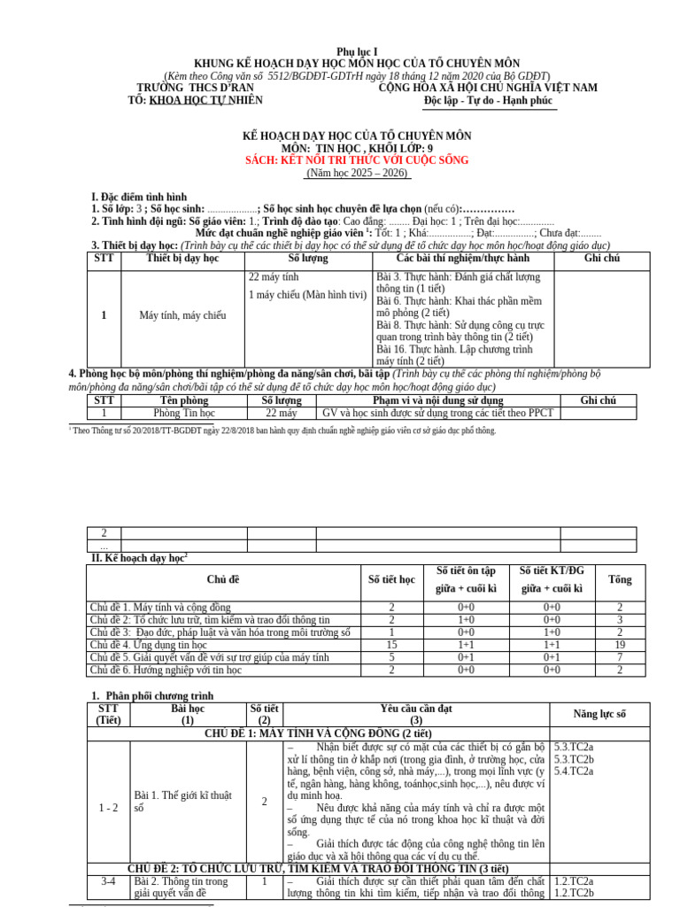 Phu Luc 1 3 Tin Hoc 9 KNTT NLS Mau 3 | PDF