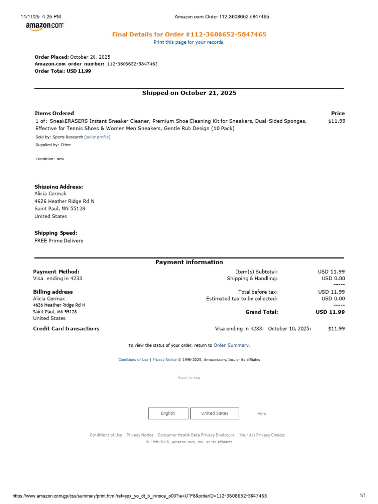 Amazon Order Confirmation for Sneaker Cleaner | PDF | Payments | Business
