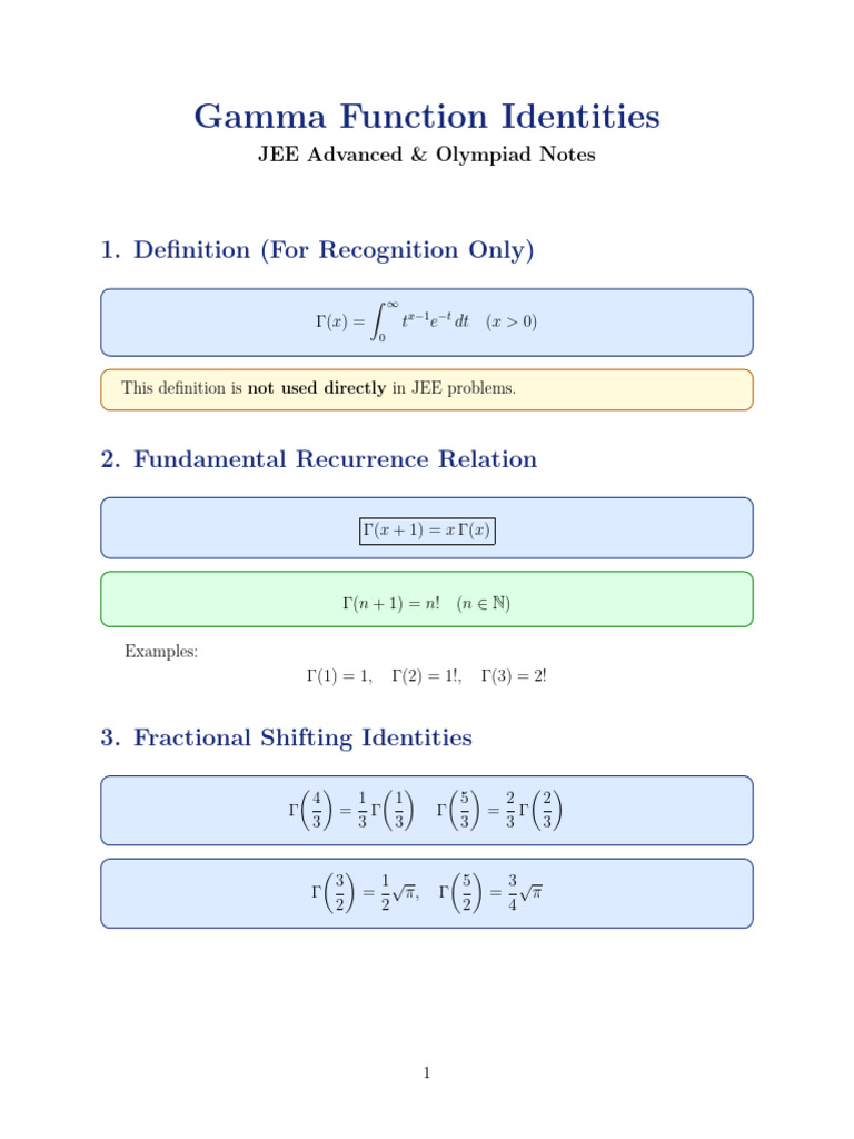 Gamma Function Identities for JEE | PDF | Pi | Functions And Mappings