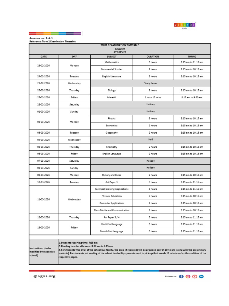 Grade 9 Term 2 Exam Timetable 2026 | PDF