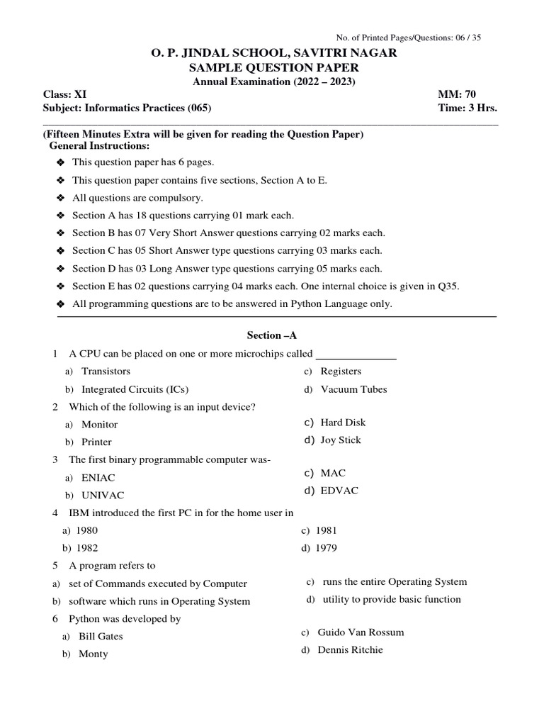 Class XI Informatics Practices Exam Paper | PDF | Databases | Table ...