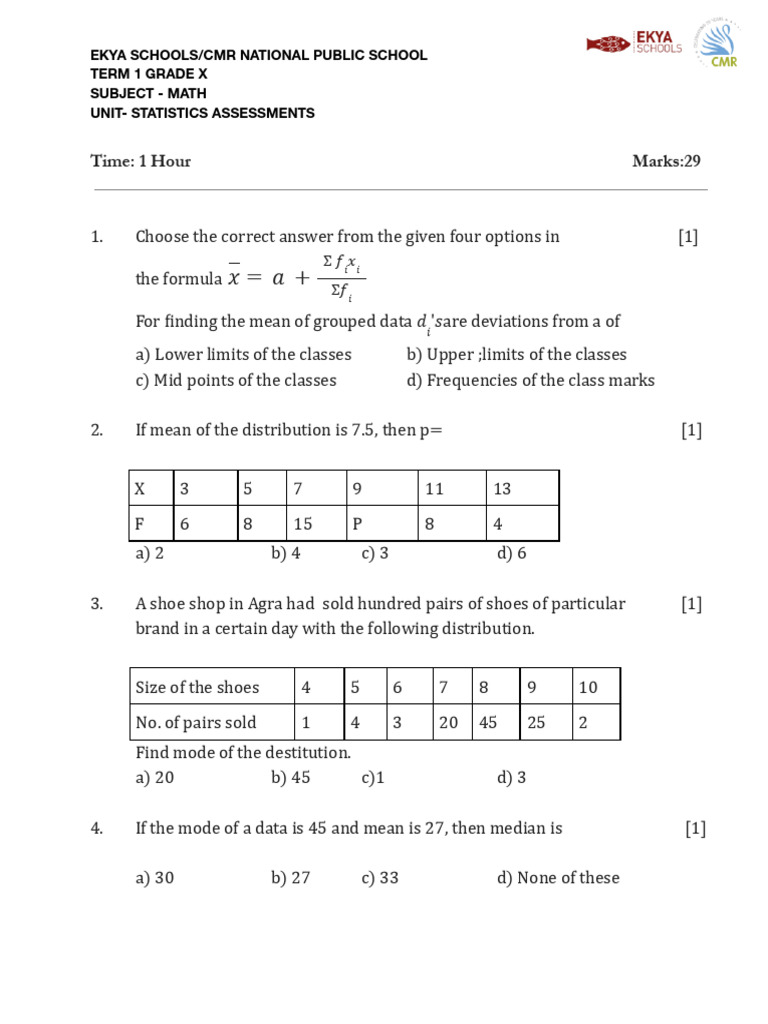 Grade X Math Statistics Assessments | PDF | Mean