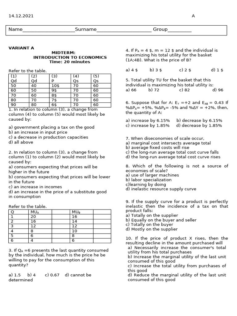 Midterm Introduction of Economics a 2021 | PDF | Elasticity (Economics ...