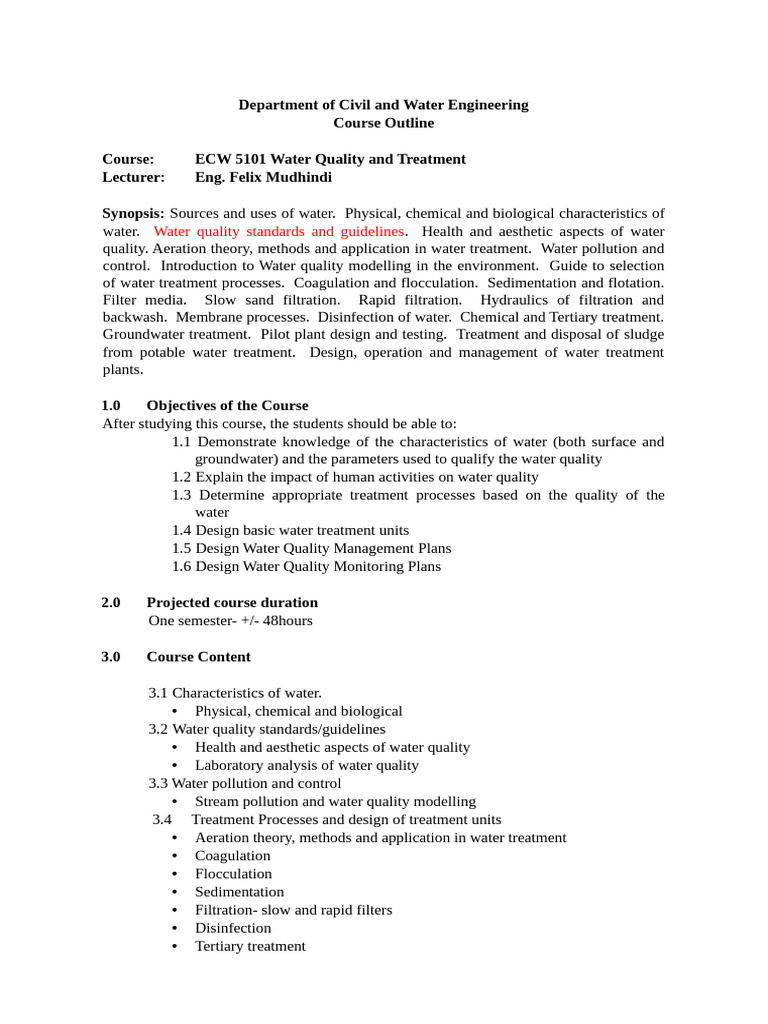 ECW 5101 Water Quality and Treatment Course outline (1) | PDF | Water ...