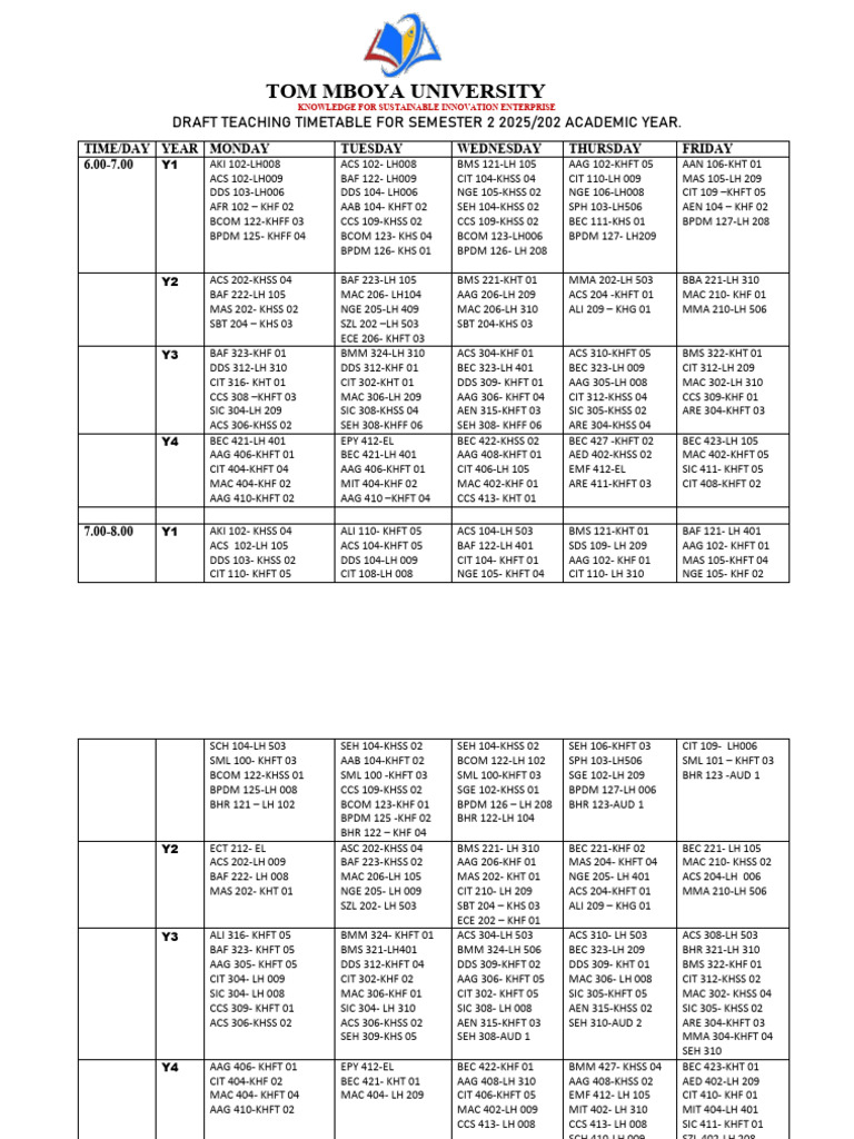 Teaching Timetable Semester 2 2025 2026 | PDF