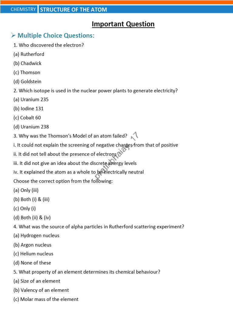 Structure of the Atom: Key Concepts and Questions | PDF | Atoms ...