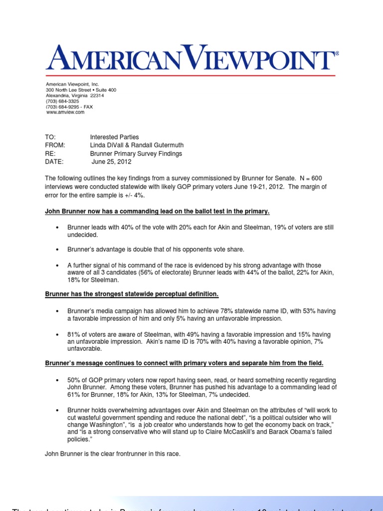 Brunner Primary Survey Findings Final PDF Opinion Poll Voting