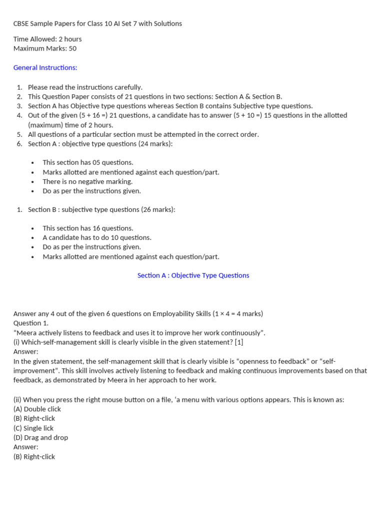 CBSE Class 10 AI Set 7 Sample Paper | PDF | Artificial Intelligence ...