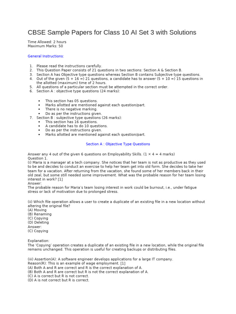 CBSE Class 10 AI Sample Paper Set 3 | PDF | Machine Learning ...