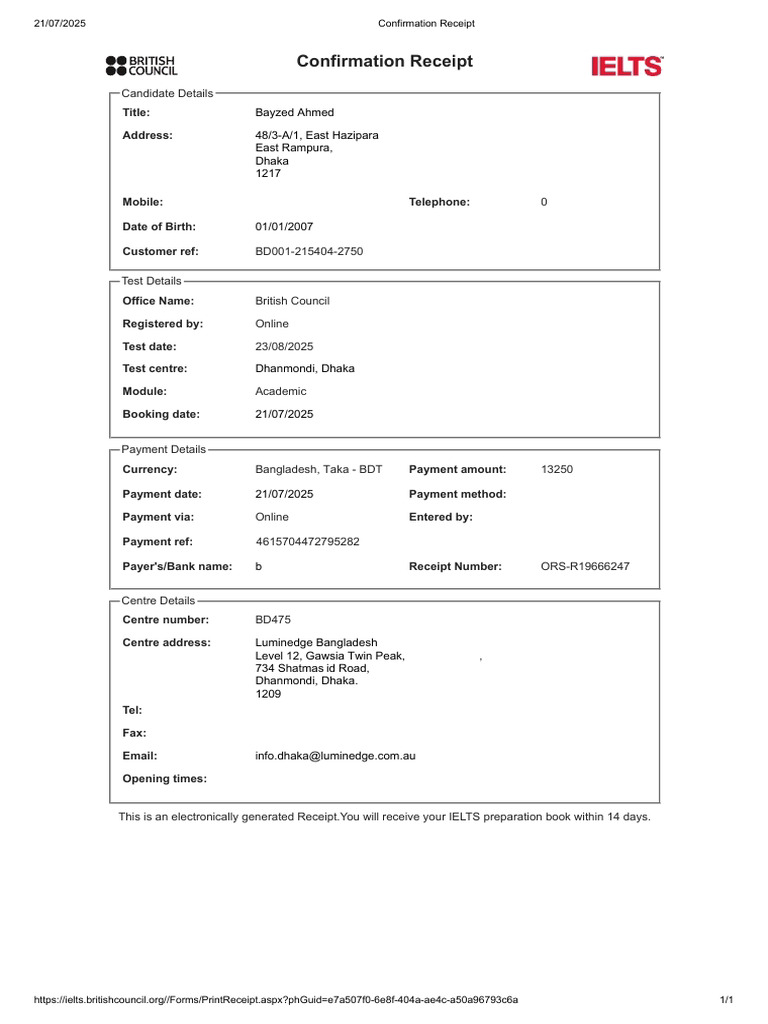 IELTS Test Confirmation Receipt | PDF | Receipt | Payments