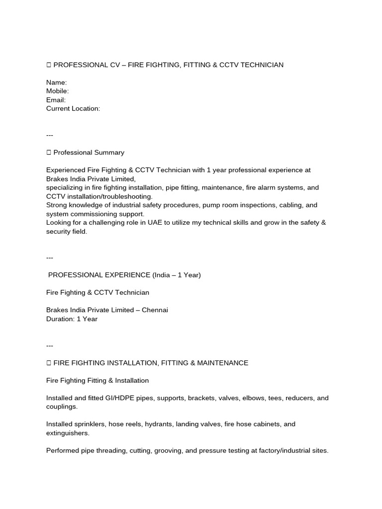 Fire Fighting & CCTV Technician CV | PDF | Fire Sprinkler System ...