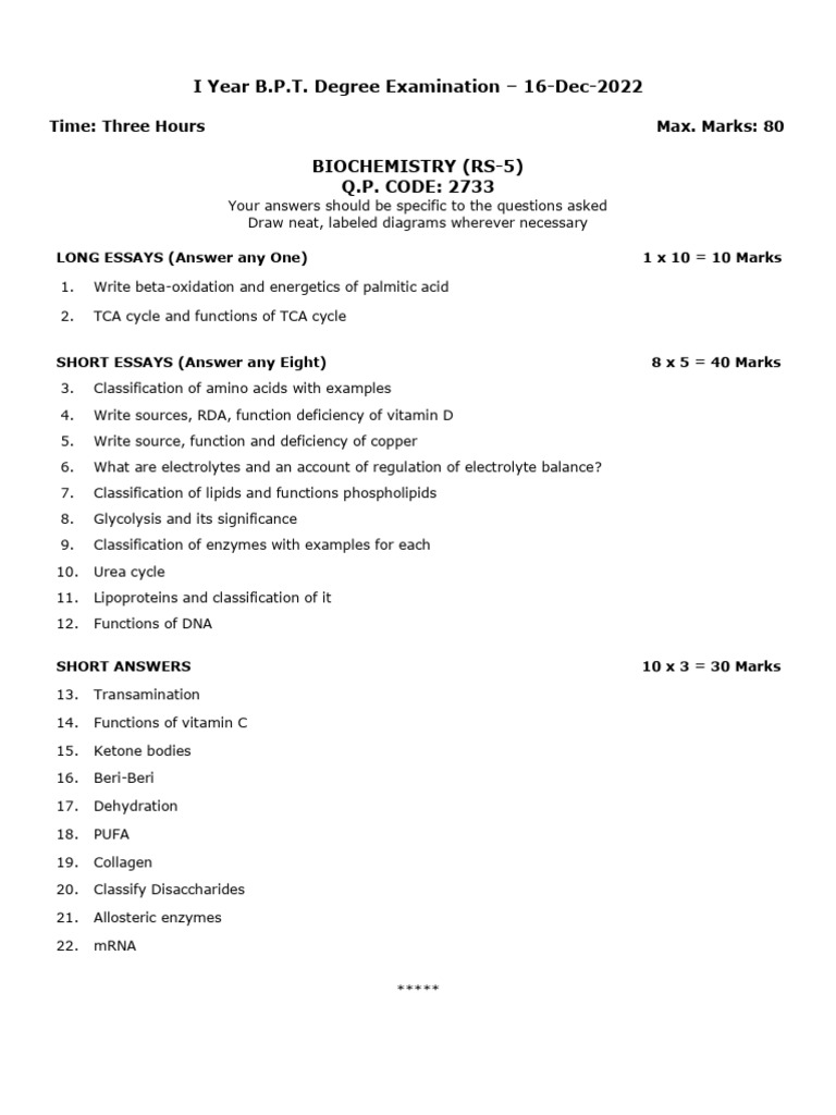 Biochemistry Exam Paper - B.P.T. 2022 | PDF