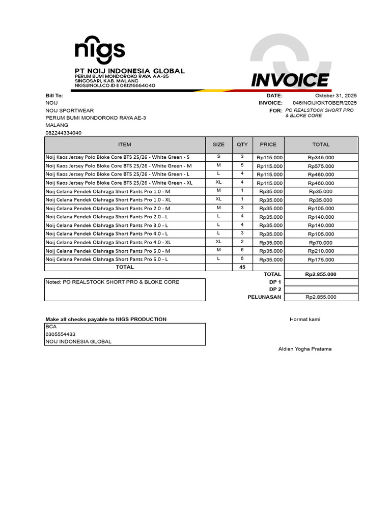 NOIJ Sportswear Invoice - October 2025 | PDF