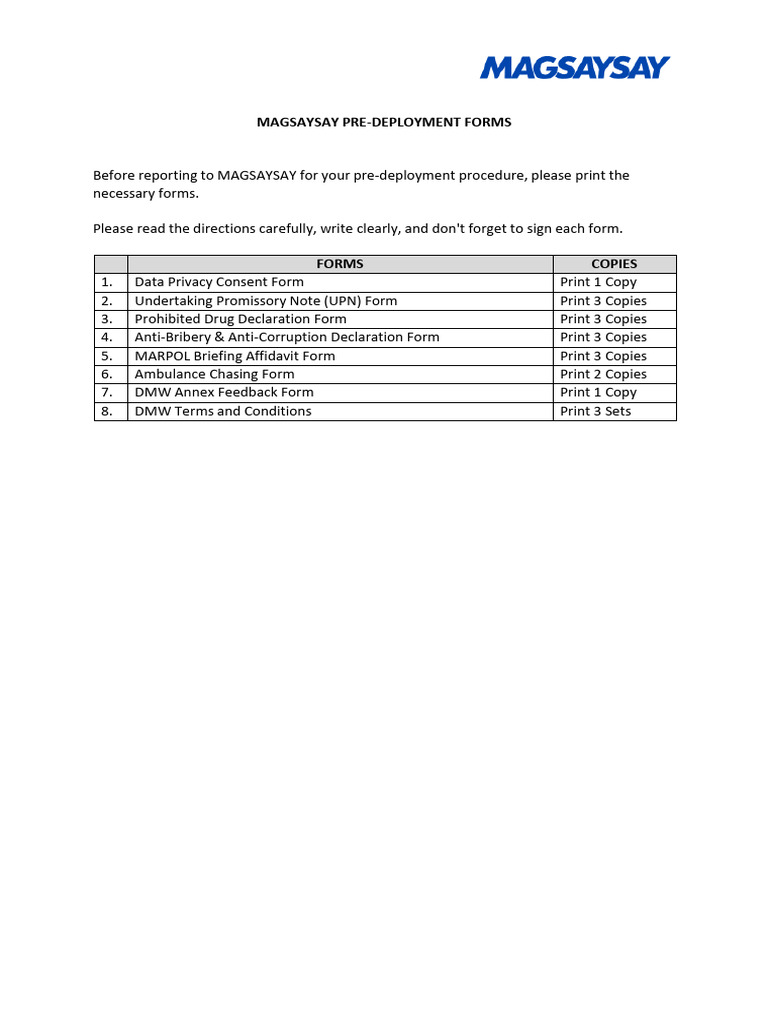 Magsaysay Pre-Deployment Forms | PDF | Bribery | Sailor