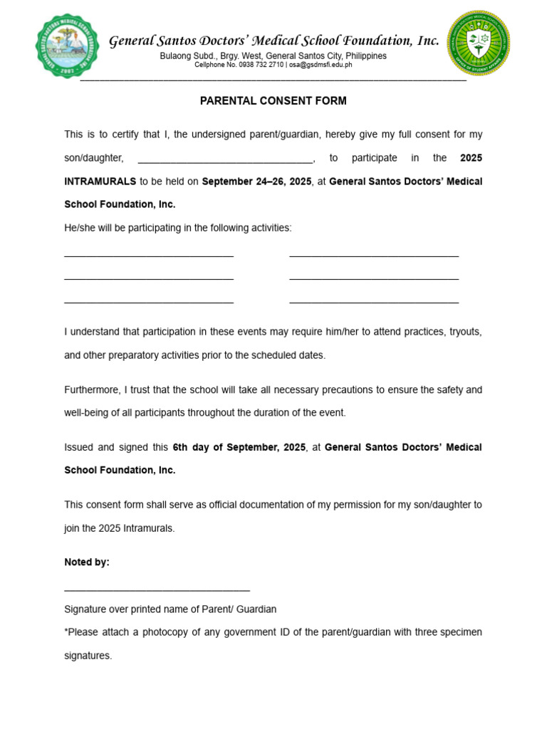 2025 Intramurals Parental Consent Form | PDF